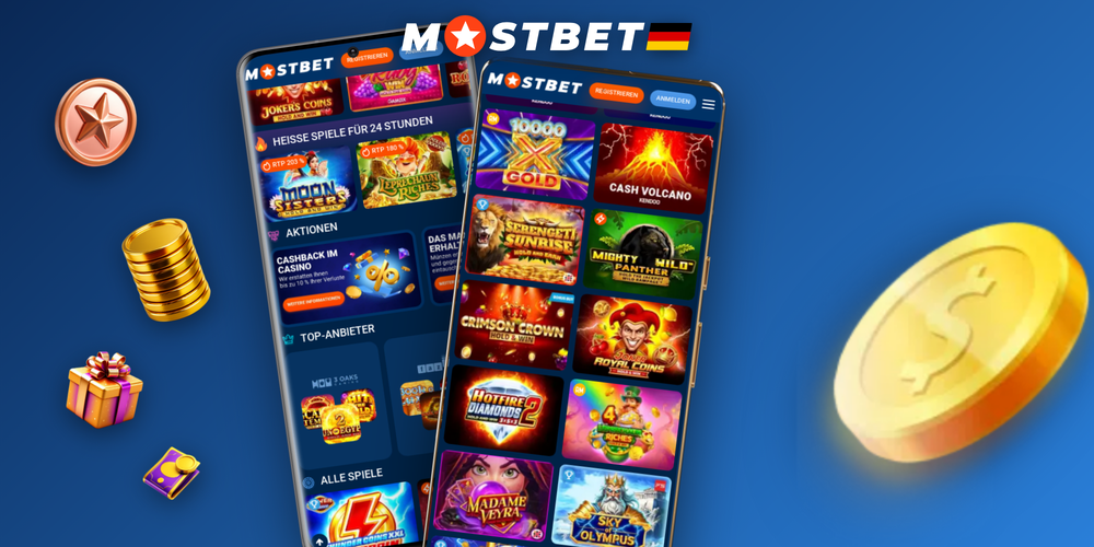 Drei Smartphones zeigen die Mostbet Mobile App mit Sportwetten, Live-Auszahlung und Casino